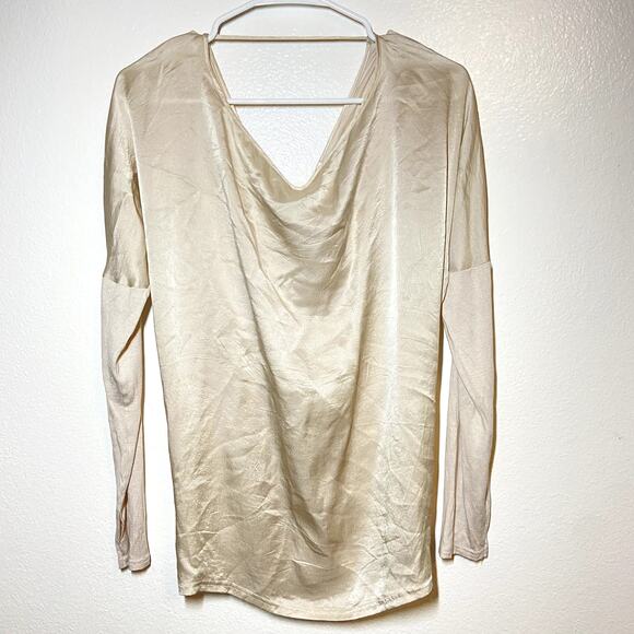 Gold Hawk Blouse 100% SIlk Long Sleeve Waterfall Ruch V-Neck Gold XSmall - Picture 4 of 4